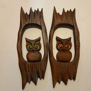 VTG Set Of 2 Wooden Folk Art Owl Felt Eyes Retro Wall Hangings 12.5” X 4.5”